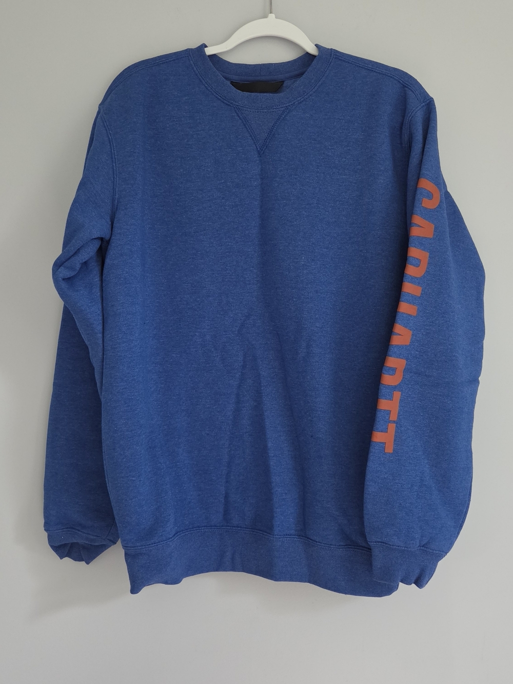 Carhartt Men's Royal Blue Crewneck Sweatshirt with Orange Sleeve Logo